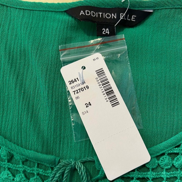 NEW PHOTOS! CROCHET DETAIL TOP, TASSLES, ¾ SLEEVES, KELLY GREEN, SIZE 24, RAYON/ - Picture 9 of 10
